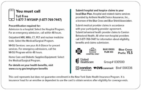 Sample of back of ID card for New York State Department of Civil Service - Student Employee Health Plan