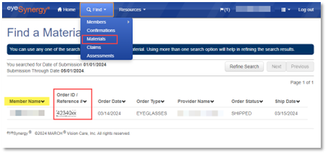 A screen capture of an order for eyeglasses.